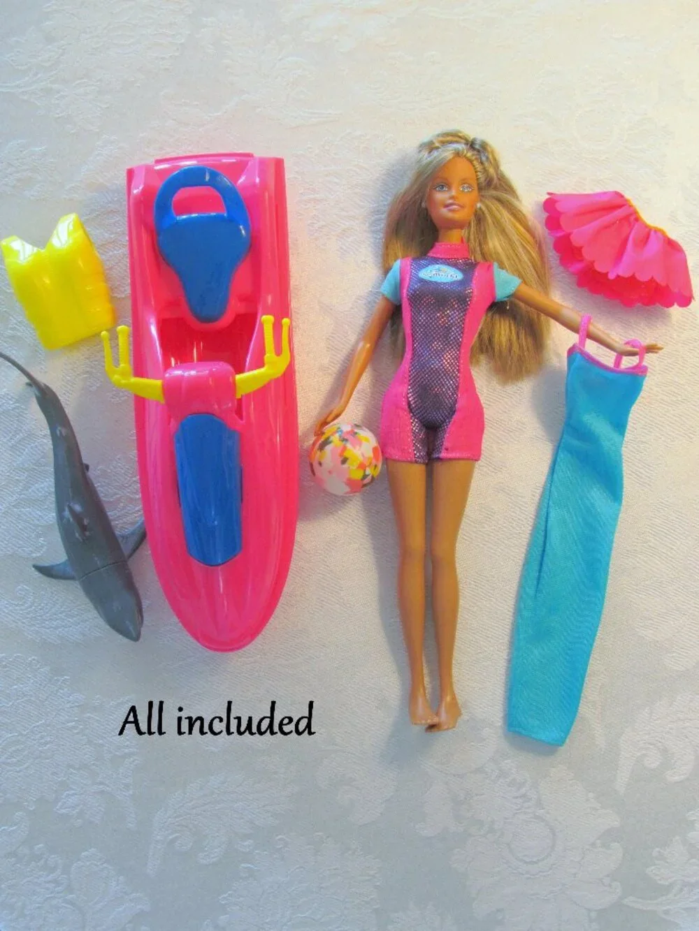 BARBIE + JET SKI + SHARK, 1978 TAN BARBIE w BEAUTIFUL STREAKED HAIR; POOL FUN!